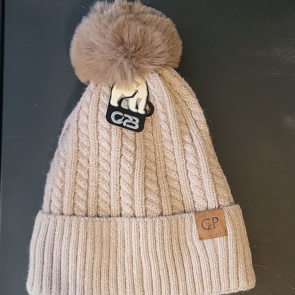 Fur Lined Shimmery Beanie Pom Hat - NWT